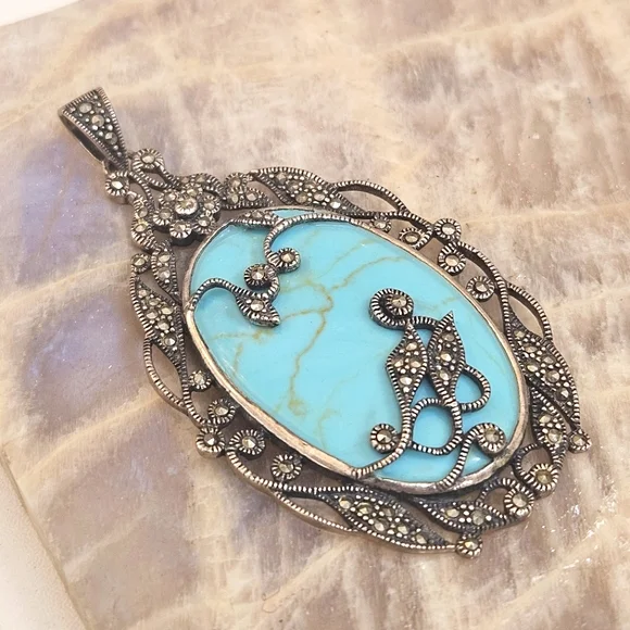 Turquoise & Marcasite Sterling Silver Pendant Floral & Leaf Design 925